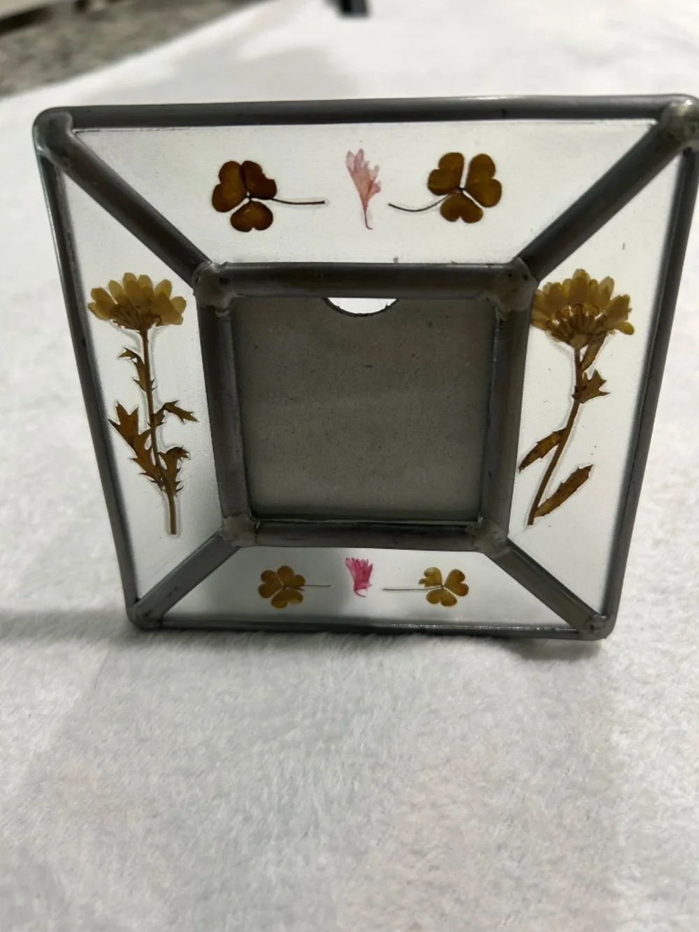 Vintage Lead & Glass Square Picture Frame with Dried Pressed Flower Rustic Charm